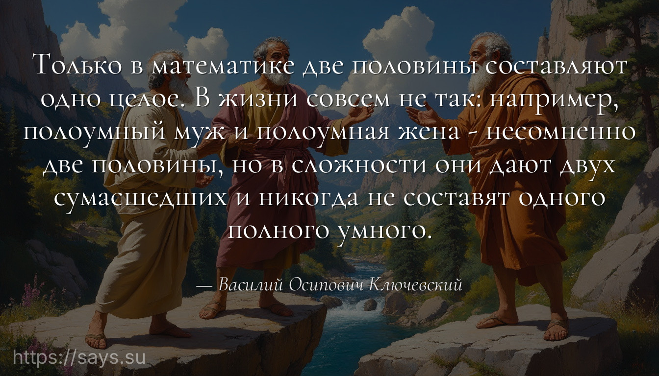 Только в математике две половины составляют одно целое. В жизни совсем не так: например, полоумный муж и полоумная жена - несомненно две половины, но в сложности они дают двух сумасшедших и никогда не составят одного полного умного.