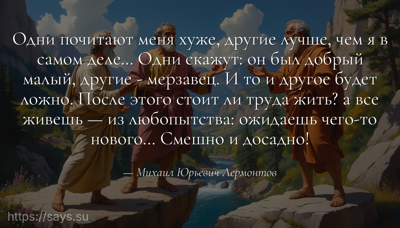 Одни почитают меня хуже, другие лучше, чем я в самом деле… Одни скажут: он был добрый малый, другие - мерзавец. И то и другое будет ложно. После этого стоит ли труда жить? а все живешь — из любопытства: ожидаешь чего-то нового… Смешно и досадно!