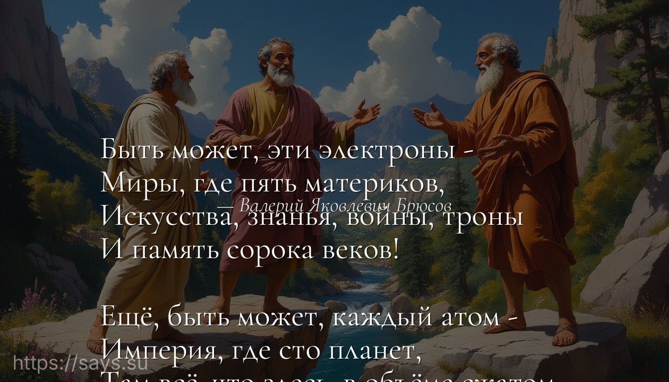 Быть может, эти электроны - <br />Миры, где пять материков, <br />Искусства, знанья, войны, троны <br />И память сорока веков! <br /><br />Ещё, быть может, каждый атом - <br />Империя, где сто планет, <br />Там всё, что здесь, в объёме сжатом, <br />А также то, чего здесь нет...