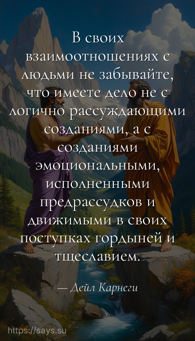 В своих взаимоотношениях с людьми не забывайте, что имеете дело не с логично рассуждающими созданиями, а с созданиями эмоциональными, исполненными предрассудков и движимыми в своих поступках гордыней и тщеславием.