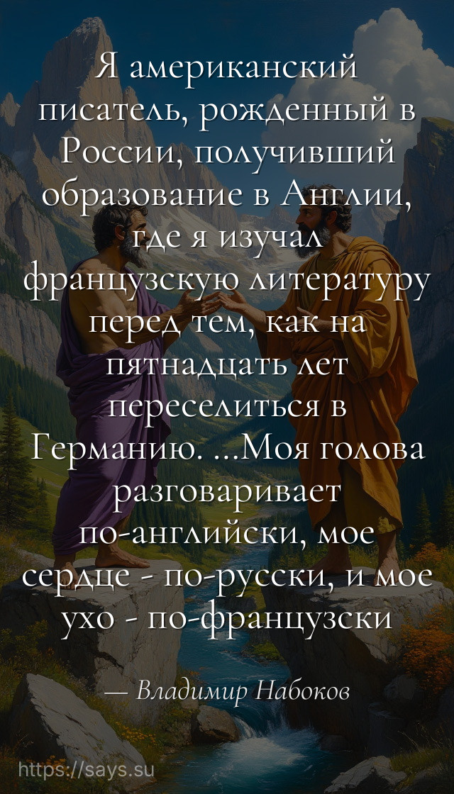 Я американский писатель, рожденный в России, получивший образование в Англии, где я изучал французскую литературу перед тем, как на пятнадцать лет переселиться в Германию. …Моя голова разговаривает по-английски, мое сердце - по-русски, и мое ухо - по-французски