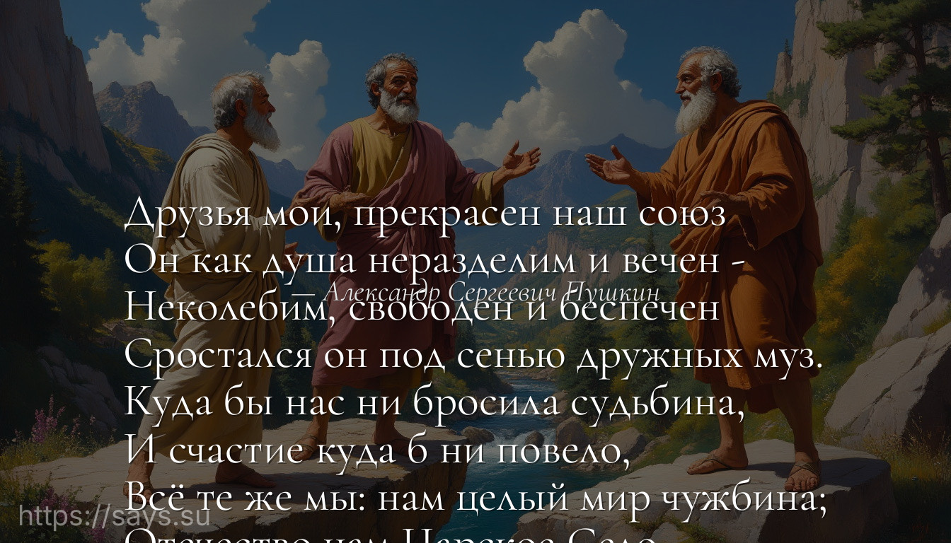 Друзья мои, прекрасен наш союз<br />Он как душа неразделим и вечен -<br />Неколебим, свободен и беспечен<br />Сростался он под сенью дружных муз.<br />Куда бы нас ни бросила судьбина,<br />И счастие куда б ни повело,<br />Всё те же мы: нам целый мир чужбина;<br />Отечество нам Царское Село.