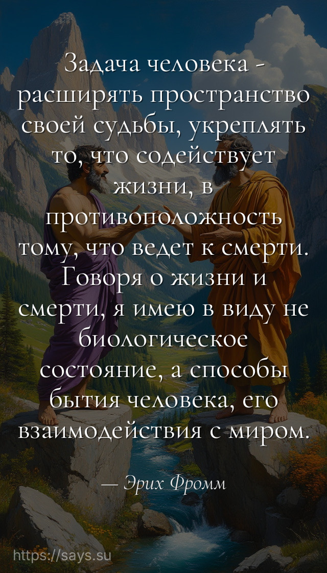 Задача человека - расширять пространство своей судьбы, укреплять то, что содействует жизни, в противоположность тому, что ведет к смерти. Говоря о жизни и смерти, я имею в виду не биологическое состояние, а способы бытия человека, его взаимодействия с миром.