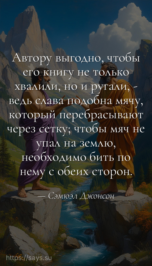 Автору выгодно, чтобы его книгу не только хвалили, но и ругали, - ведь слава подобна мячу, который перебрасывают через сетку; чтобы мяч не упал на землю, необходимо бить по нему с обеих сторон.
