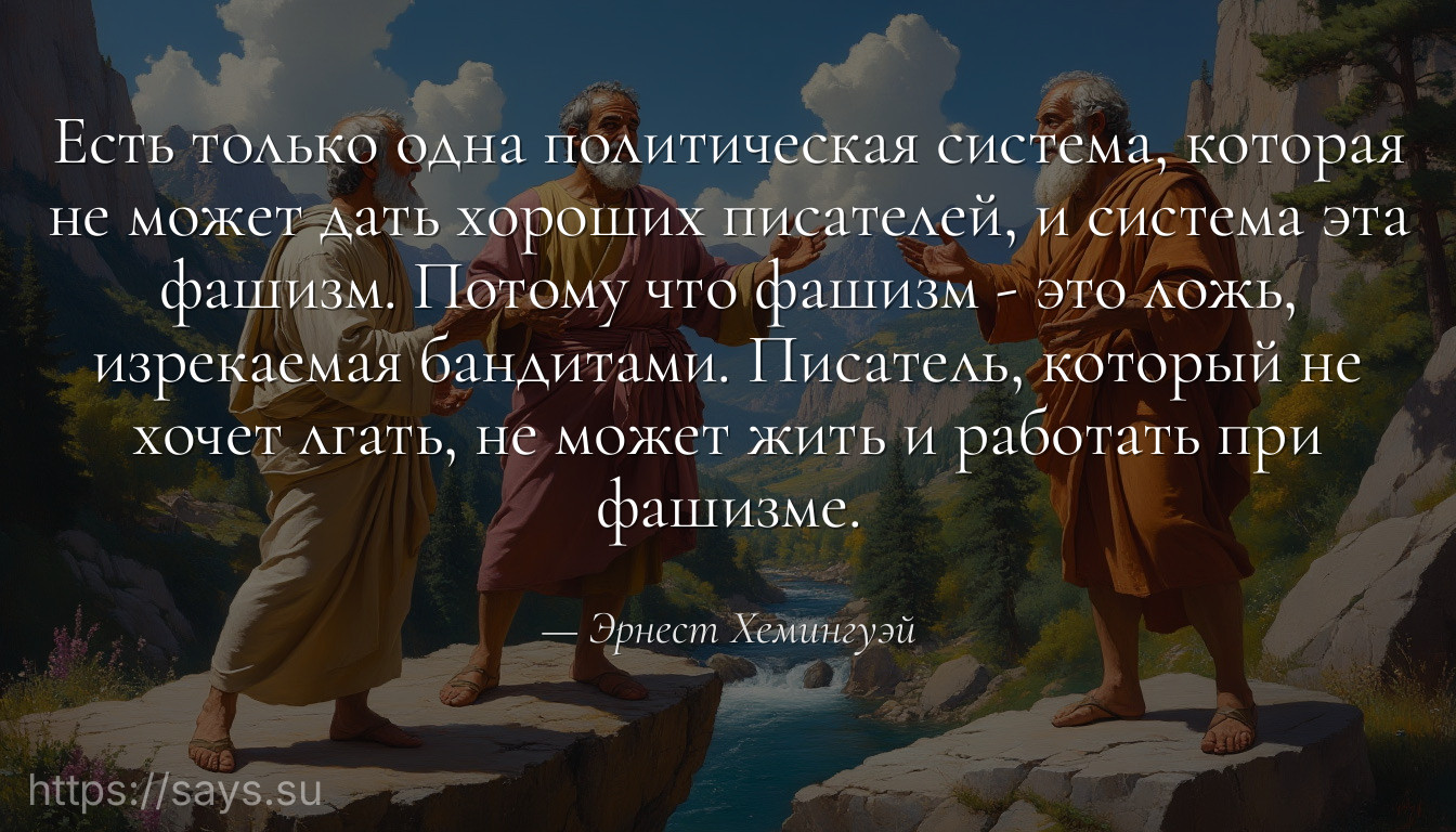 Есть только одна политическая система, которая не может дать хороших писателей, и система эта фашизм. Потому что фашизм - это ложь, изрекаемая бандитами. Писатель, который не хочет лгать, не может жить и работать при фашизме.