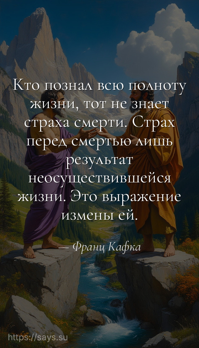 Кто познал всю полноту жизни, тот не знает страха смерти. Страх перед смертью лишь результат неосуществившейся жизни. Это выражение измены ей.