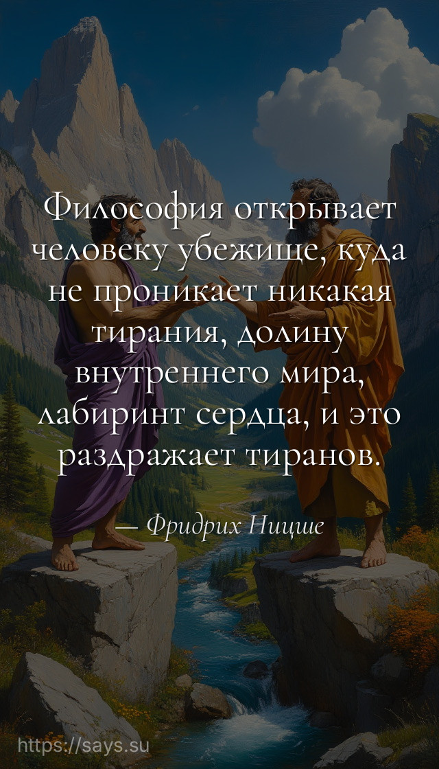 Философия открывает человеку убежище, куда не проникает никакая тирания, долину внутреннего мира, лабиринт сердца, и это раздражает тиранов.