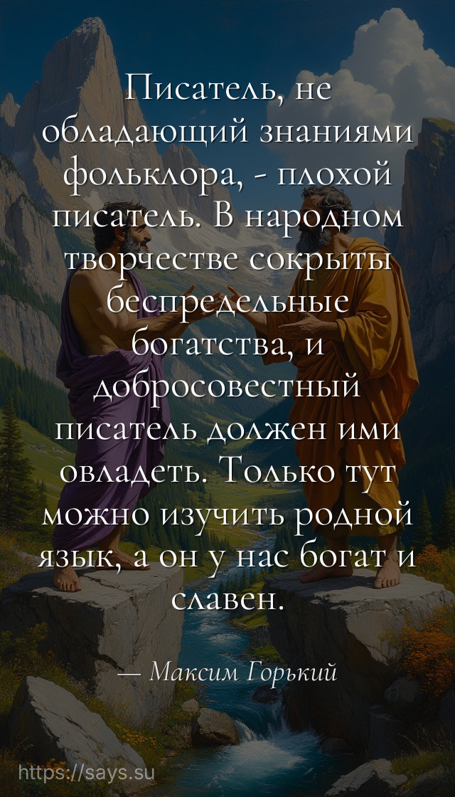 Писатель, не обладающий знаниями фольклора, - плохой писатель. В народном творчестве сокрыты беспредельные богатства, и добросовестный писатель должен ими овладеть. Только тут можно изучить родной язык, а он у нас богат и славен.