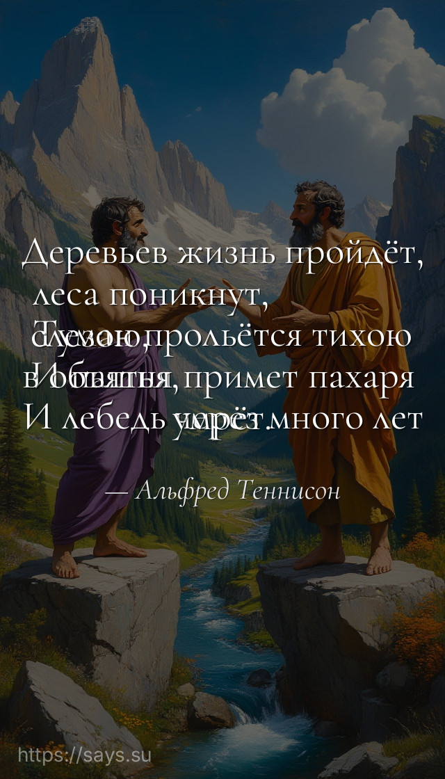 Деревьев жизнь пройдёт, леса поникнут, <br />Туман прольётся тихою слезою, <br />И пашня примет пахаря в объятья, <br />И лебедь через много лет умрёт.