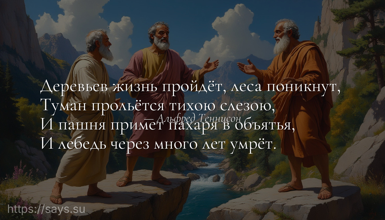 Деревьев жизнь пройдёт, леса поникнут, <br />Туман прольётся тихою слезою, <br />И пашня примет пахаря в объятья, <br />И лебедь через много лет умрёт.