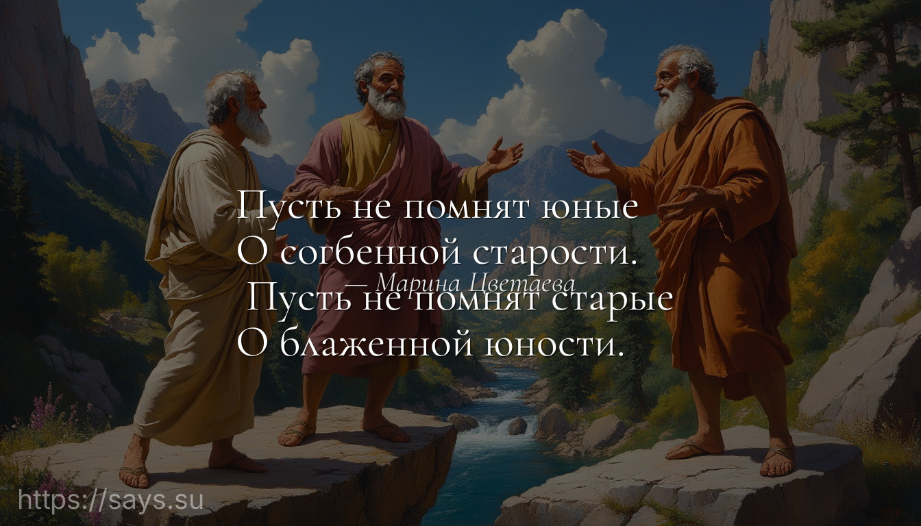 Пусть не помнят юные <br />О согбенной старости.<br /> Пусть не помнят старые <br />О блаженной юности.