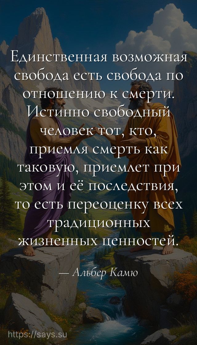 Единственная возможная свобода есть свобода по отношению к смерти. Истинно свободный человек тот, кто, приемля смерть как таковую, приемлет при этом и её последствия, то есть переоценку всех традиционных жизненных ценностей.