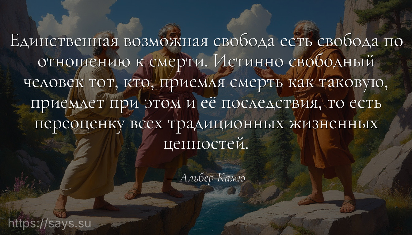 Единственная возможная свобода есть свобода по отношению к смерти. Истинно свободный человек тот, кто, приемля смерть как таковую, приемлет при этом и её последствия, то есть переоценку всех традиционных жизненных ценностей.