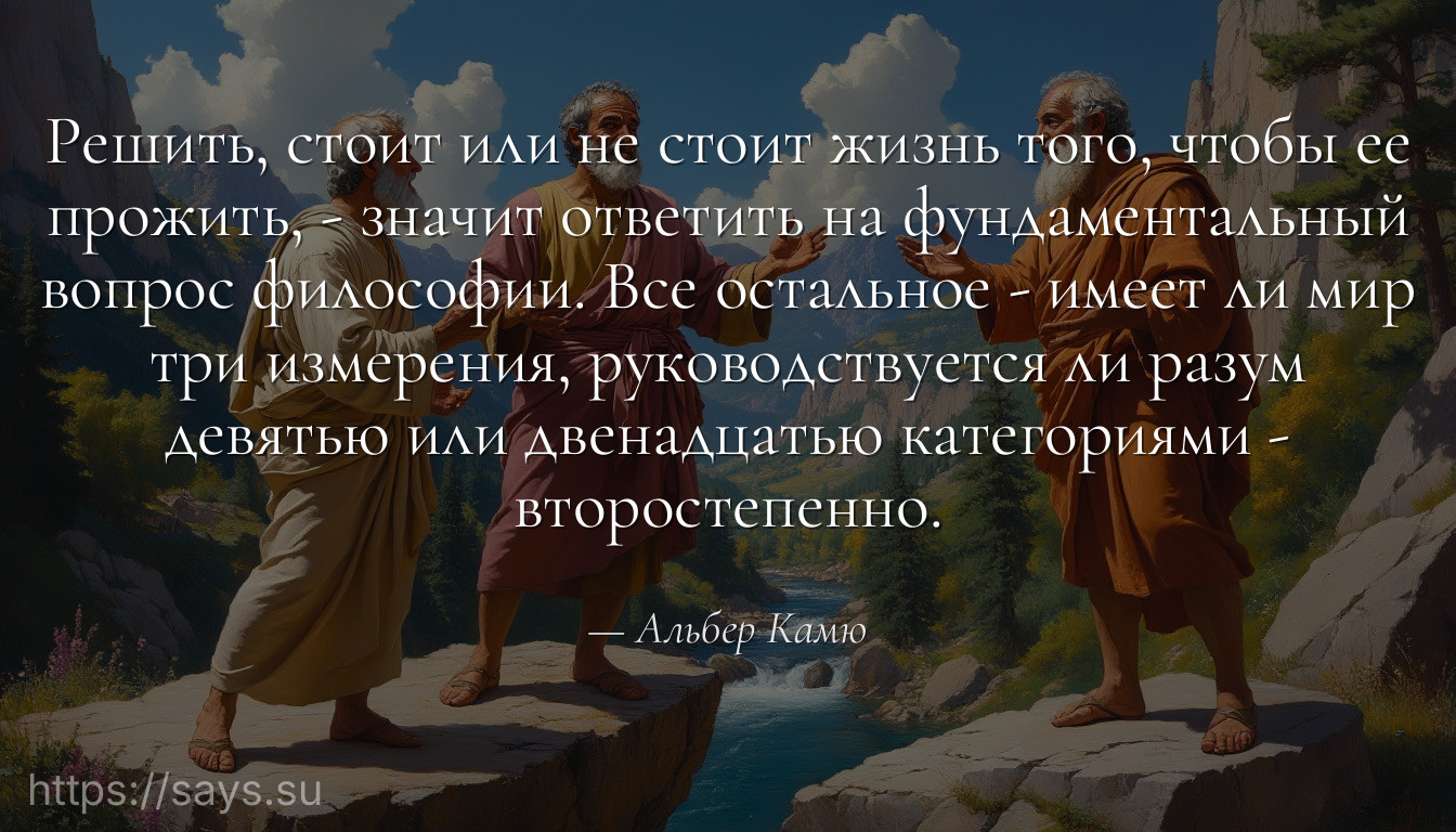 Решить, стоит или не стоит жизнь того, чтобы ее прожить, - значит ответить на фундаментальный вопрос философии. Все остальное - имеет ли мир три измерения, руководствуется ли разум девятью или двенадцатью категориями - второстепенно.