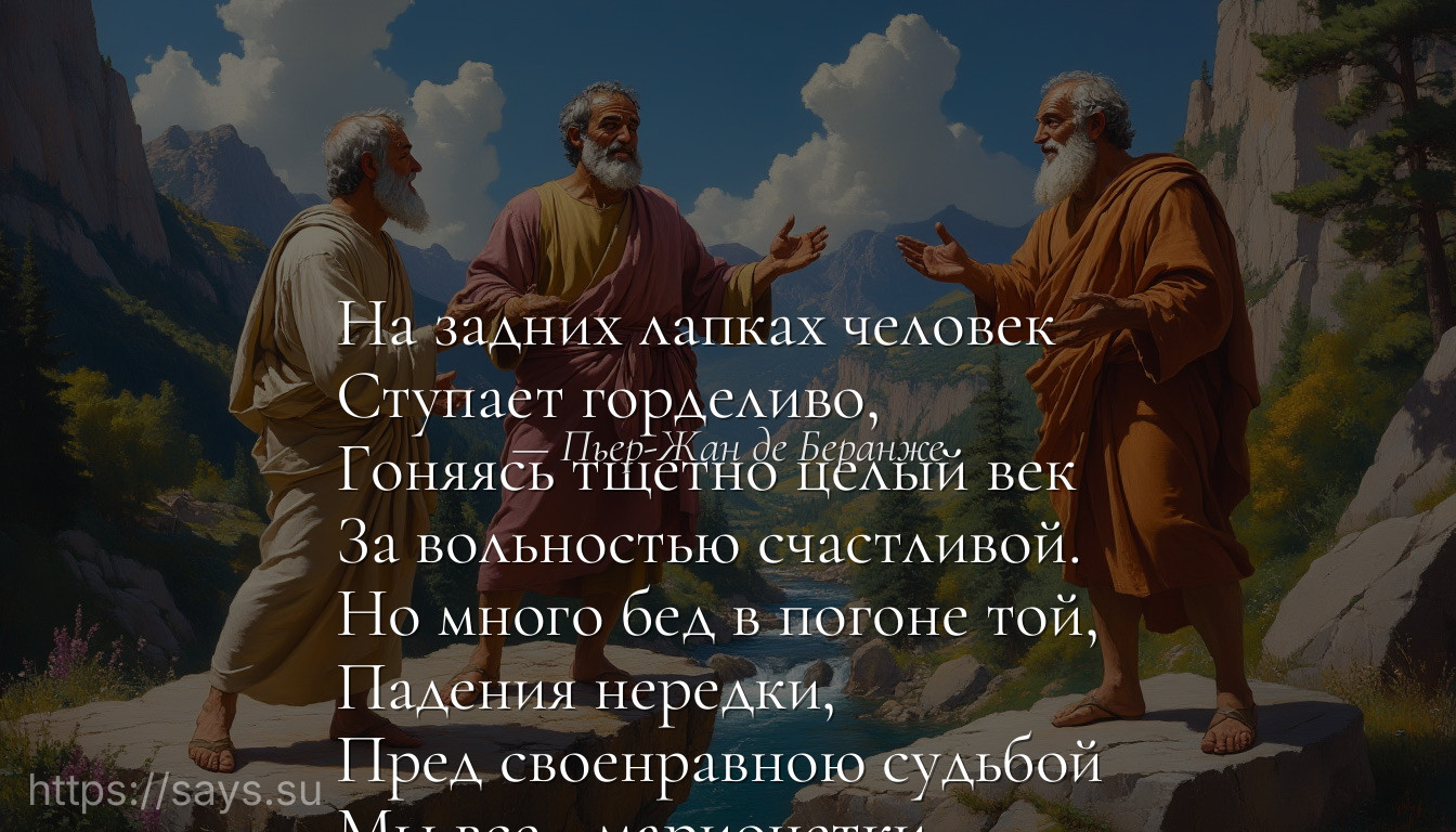 На задних лапках человек <br />Ступает горделиво, <br />Гоняясь тщетно целый век <br />За вольностью счастливой. <br />Но много бед в погоне той, <br />Падения нередки, <br />Пред своенравною судьбой <br />Мы все - марионетки.