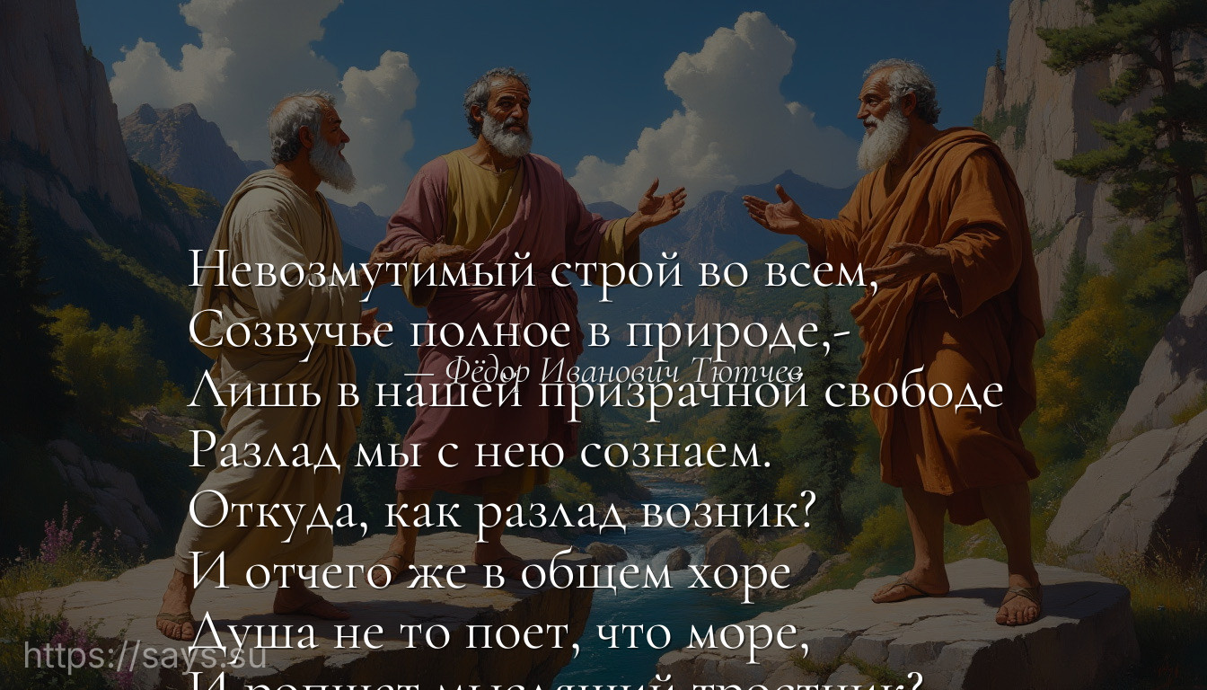 Невозмутимый строй во всем, <br />Созвучье полное в природе,- <br />Лишь в нашей призрачной свободе <br />Разлад мы с нею сознаем. <br />Откуда, как разлад возник? <br />И отчего же в общем хоре <br />Душа не то поет, что море, <br />И ропщет мыслящий тростник?