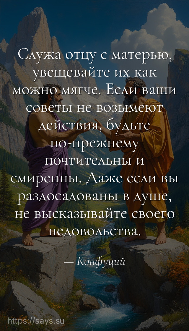 Служа отцу с матерью, увещевайте их как можно мягче. Если ваши советы не возымеют действия, будьте по-прежнему почтительны и смиренны. Даже если вы раздосадованы в душе, не высказывайте своего недовольства.