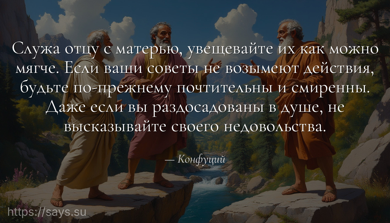 Служа отцу с матерью, увещевайте их как можно мягче. Если ваши советы не возымеют действия, будьте по-прежнему почтительны и смиренны. Даже если вы раздосадованы в душе, не высказывайте своего недовольства.