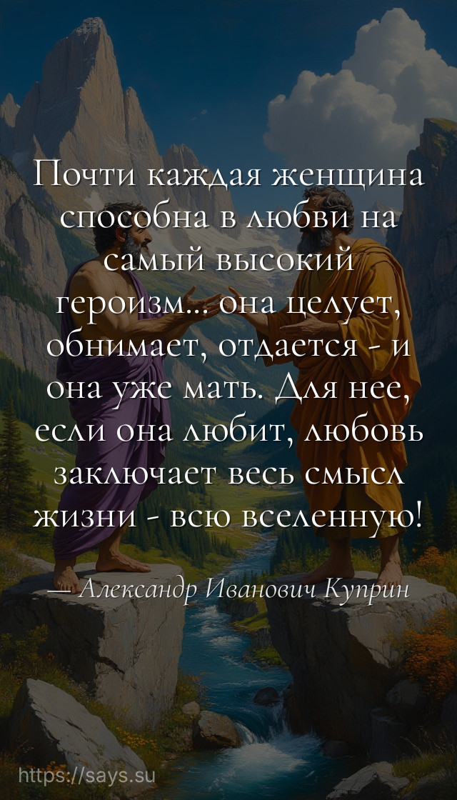 Почти каждая женщина способна в любви на самый высокий героизм... она целует, обнимает, отдается - и она уже мать. Для нее, если она любит, любовь заключает весь смысл жизни - всю вселенную!