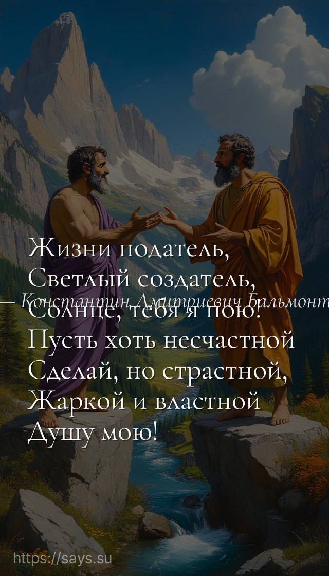 Жизни податель, <br />Светлый создатель, <br />Солнце, тебя я пою! <br />Пусть хоть несчастной <br />Сделай, но страстной, <br />Жаркой и властной <br />Душу мою!