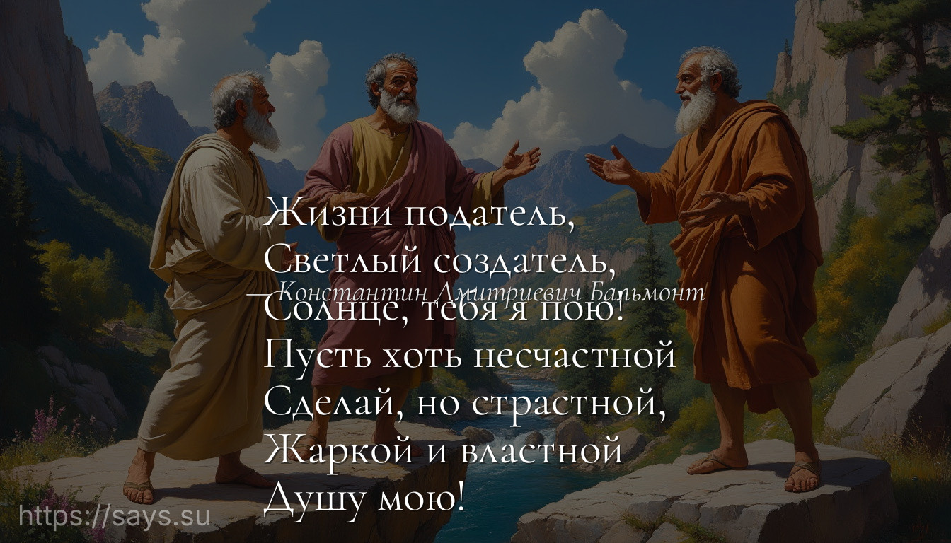 Жизни податель, <br />Светлый создатель, <br />Солнце, тебя я пою! <br />Пусть хоть несчастной <br />Сделай, но страстной, <br />Жаркой и властной <br />Душу мою!