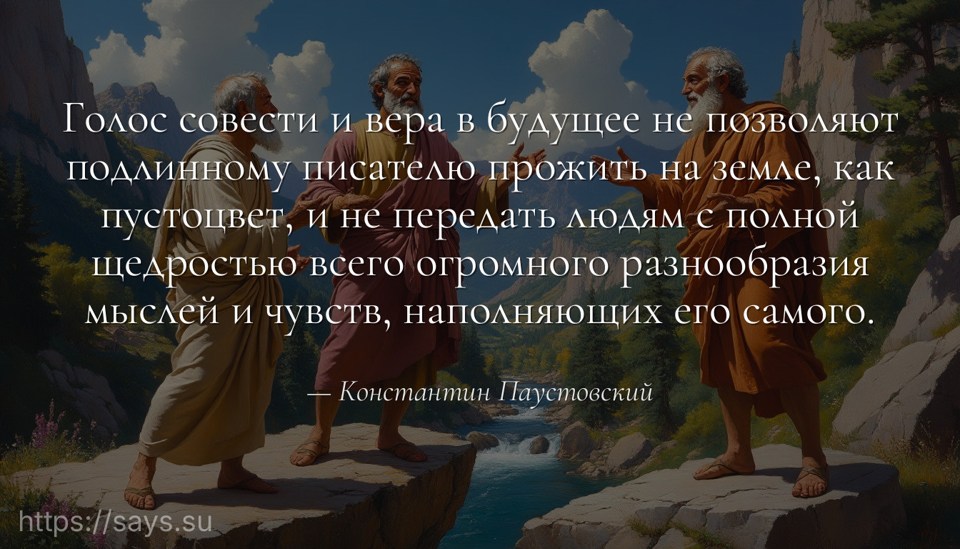 Голос совести и вера в будущее не позволяют подлинному писателю прожить на земле, как пустоцвет, и не передать людям с полной щедростью всего огромного разнообразия мыслей и чувств, наполняющих его самого.