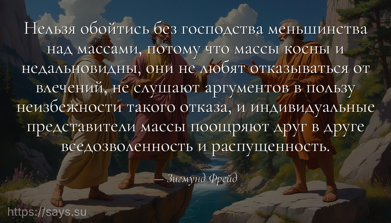 Нельзя обойтись без господства меньшинства над массами, потому что массы косны и недальновидны, они не любят отказываться от влечений, не слушают аргументов в пользу неизбежности такого отказа, и индивидуальные представители массы поощряют друг в друге вседозволенность и распущенность.