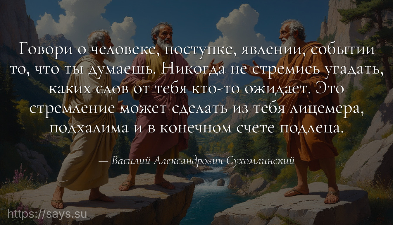 Говори о человеке, поступке, явлении, событии то, что ты думаешь. Никогда не стремись угадать, каких слов от тебя кто-то ожидает. Это стремление может сделать из тебя лицемера, подхалима и в конечном счете подлеца.