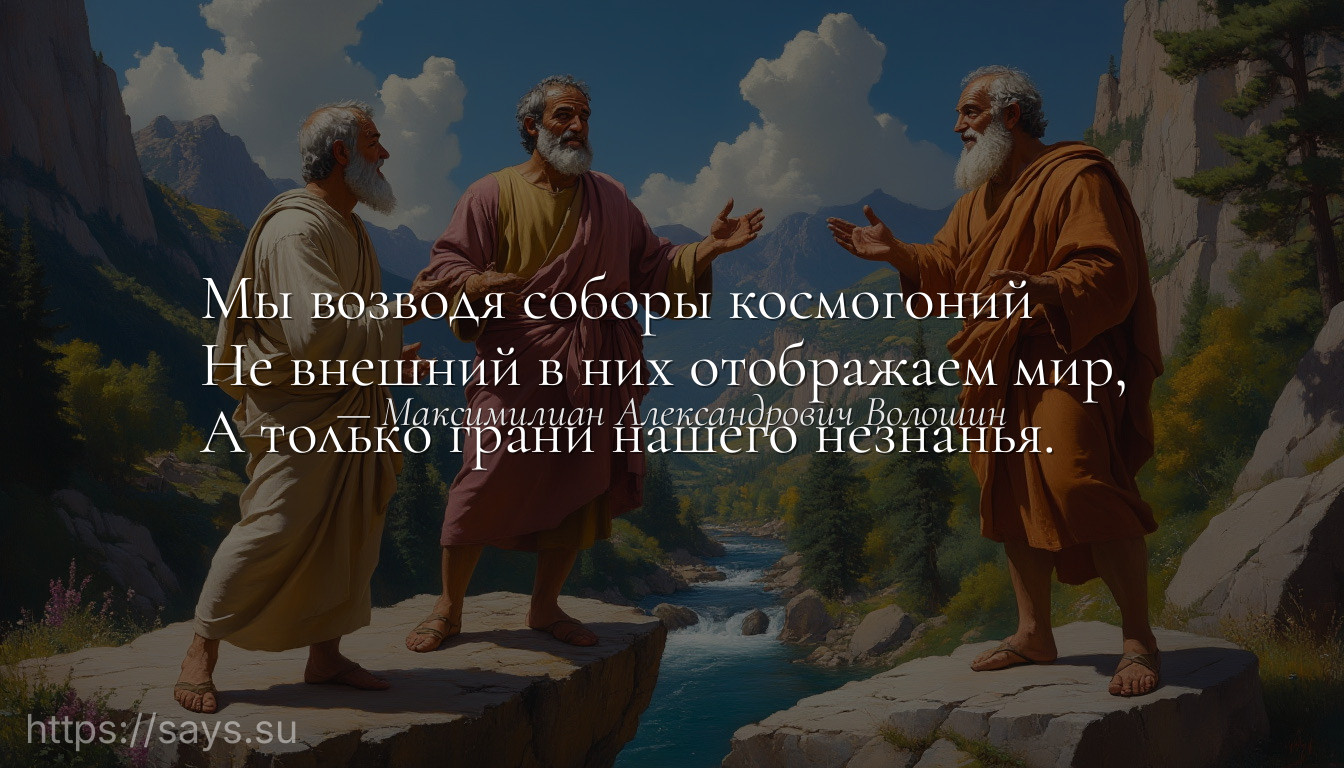 Мы возводя соборы космогоний <br />Не внешний в них отображаем мир, <br />А только грани нашего незнанья.