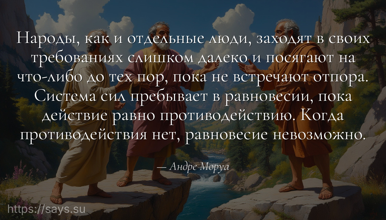 Народы, как и отдельные люди, заходят в своих требованиях слишком далеко и посягают на что-либо до тех пор, пока не встречают отпора. Система сил пребывает в равновесии, пока действие равно противодействию. Когда противодействия нет, равновесие невозможно.