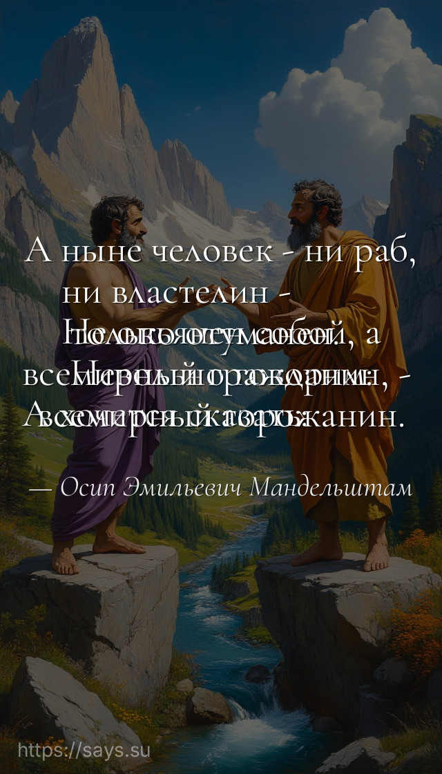 А ныне человек - ни раб, ни властелин - <br />Не опьянен собой, а только отуманен.<br />Невольно говорим: всемирный гражданин, - <br />А хочется сказать: всемирный горожанин.