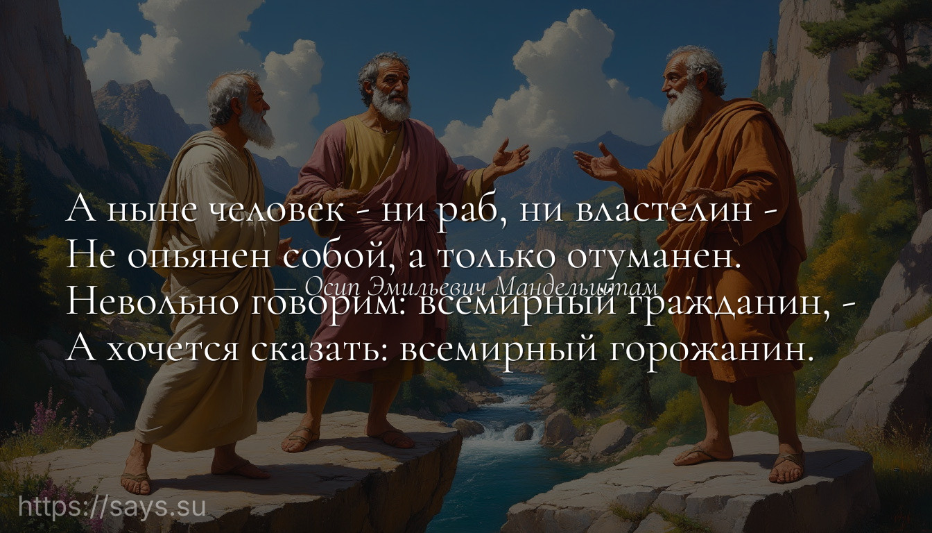 А ныне человек - ни раб, ни властелин - <br />Не опьянен собой, а только отуманен.<br />Невольно говорим: всемирный гражданин, - <br />А хочется сказать: всемирный горожанин.
