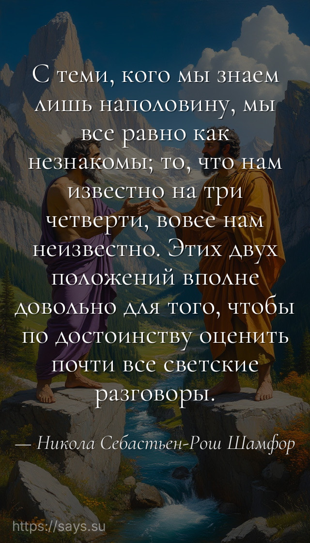 С теми, кого мы знаем лишь наполовину, мы все равно как незнакомы; то, что нам известно на три четверти, вовсе нам неизвестно. Этих двух положений вполне довольно для того, чтобы по достоинству оценить почти все светские разговоры.