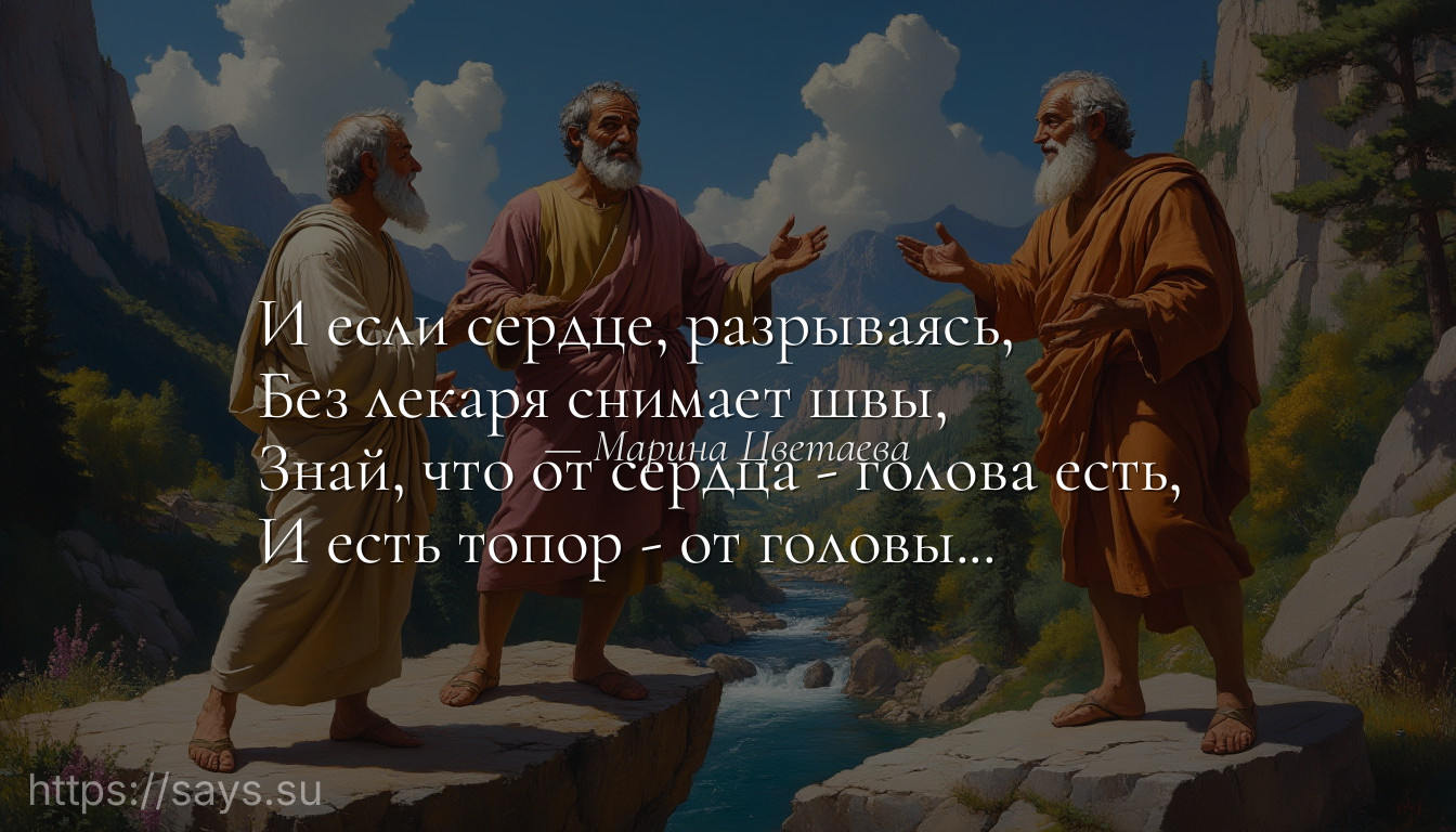 И если сердце, разрываясь, <br />Без лекаря снимает швы, <br />Знай, что от сердца - голова есть, <br />И есть топор - от головы...