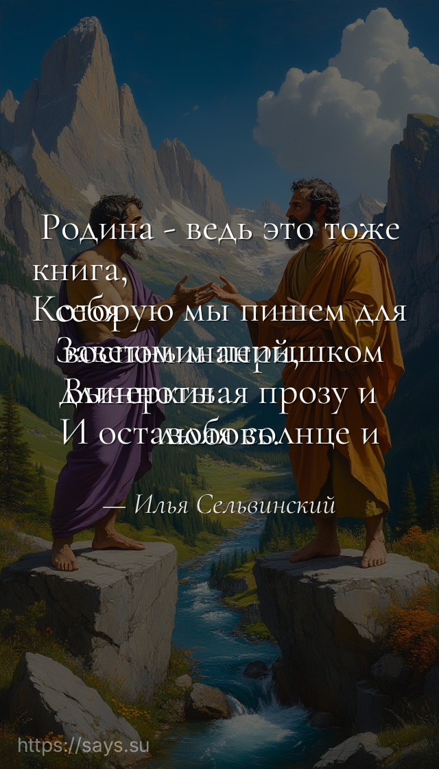 Родина - ведь это тоже книга, <br />Которую мы пишем для себя <br />Заветным перышком воспоминаний, <br />Вычеркивая прозу и длинноты <br />И оставляя солнце и любовь.