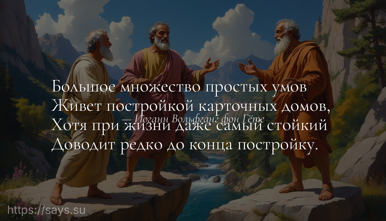 Большое множество простых умов <br />Живет постройкой карточных домов, <br />Хотя при жизни даже самый стойкий <br />Доводит редко до конца постройку.