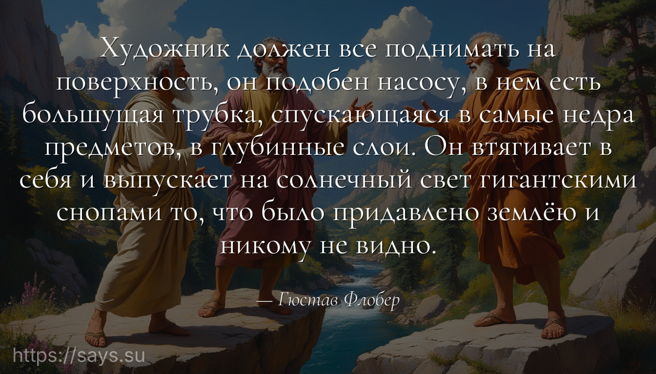 Художник должен все поднимать на поверхность, он подобен насосу, в нем есть большущая трубка, спускающаяся в самые недра предметов, в глубинные слои. Он втягивает в себя и выпускает на солнечный свет гигантскими снопами то, что было придавлено землёю и никому не видно.