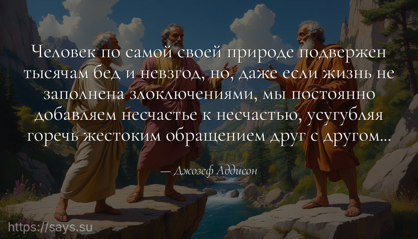 Человек по самой своей природе подвержен тысячам бед и невзгод, но, даже если жизнь не заполнена злоключениями, мы постоянно добавляем несчастье к несчастью, усугубляя горечь жестоким обращением друг с другом...
