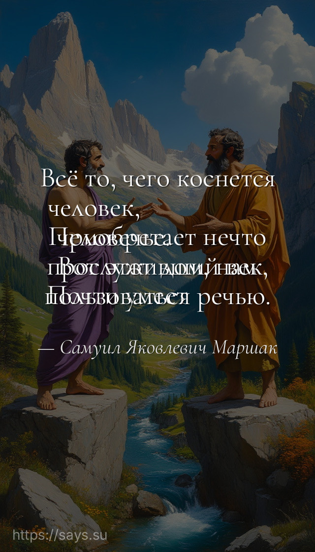 Всё то, чего коснется человек,<br />Приобретает нечто человечье.<br />Вот этот дом, нам прослуживший век,<br />Почти умеет пользоваться речью.