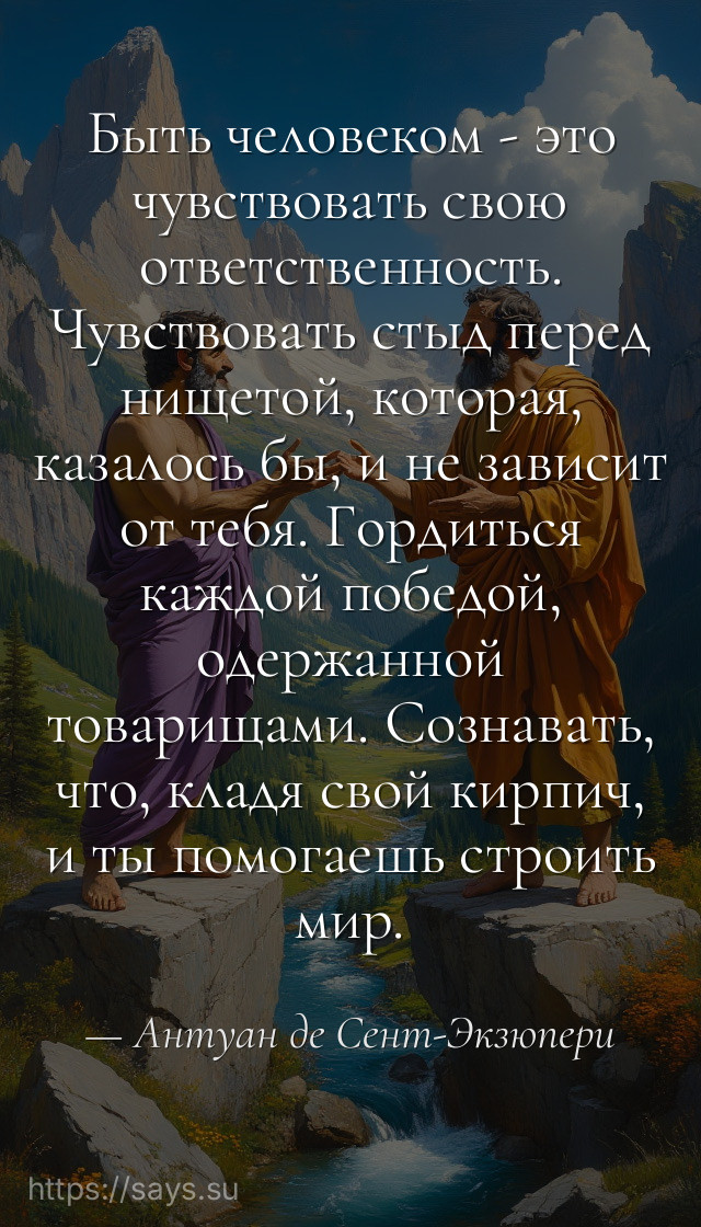 Быть человеком - это чувствовать свою ответственность. Чувствовать стыд перед нищетой, которая, казалось бы, и не зависит от тебя. Гордиться каждой победой, одержанной товарищами. Сознавать, что, кладя свой кирпич, и ты помогаешь строить мир.