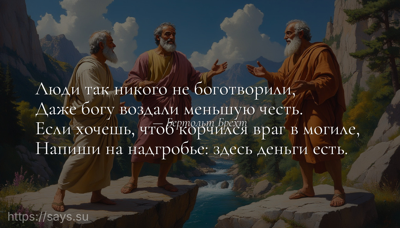 Люди так никого не боготворили, <br />Даже богу воздали меньшую честь. <br />Если хочешь, чтоб корчился враг в могиле, <br />Напиши на надгробье: здесь деньги есть.