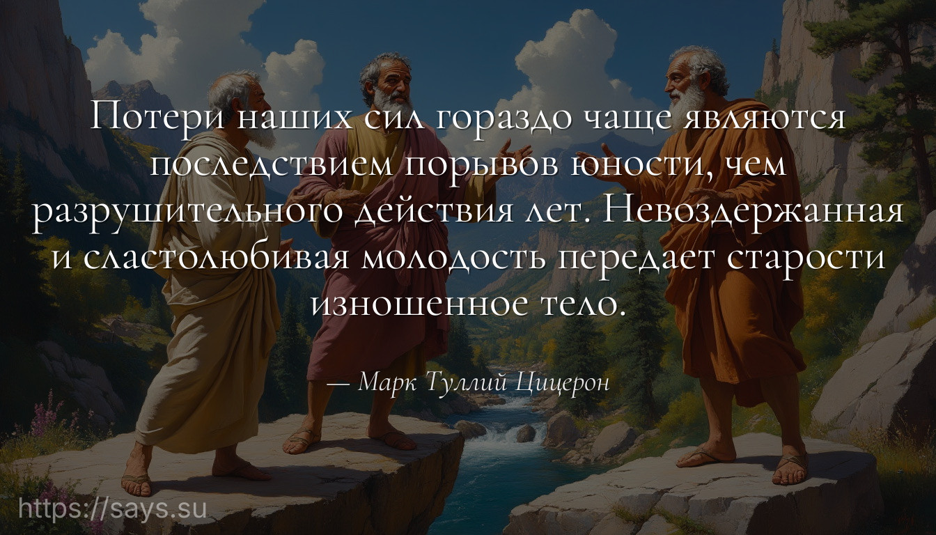 Потери наших сил гораздо чаще являются последствием порывов юности, чем разрушительного действия лет. Невоздержанная и сластолюбивая молодость передает старости изношенное тело.