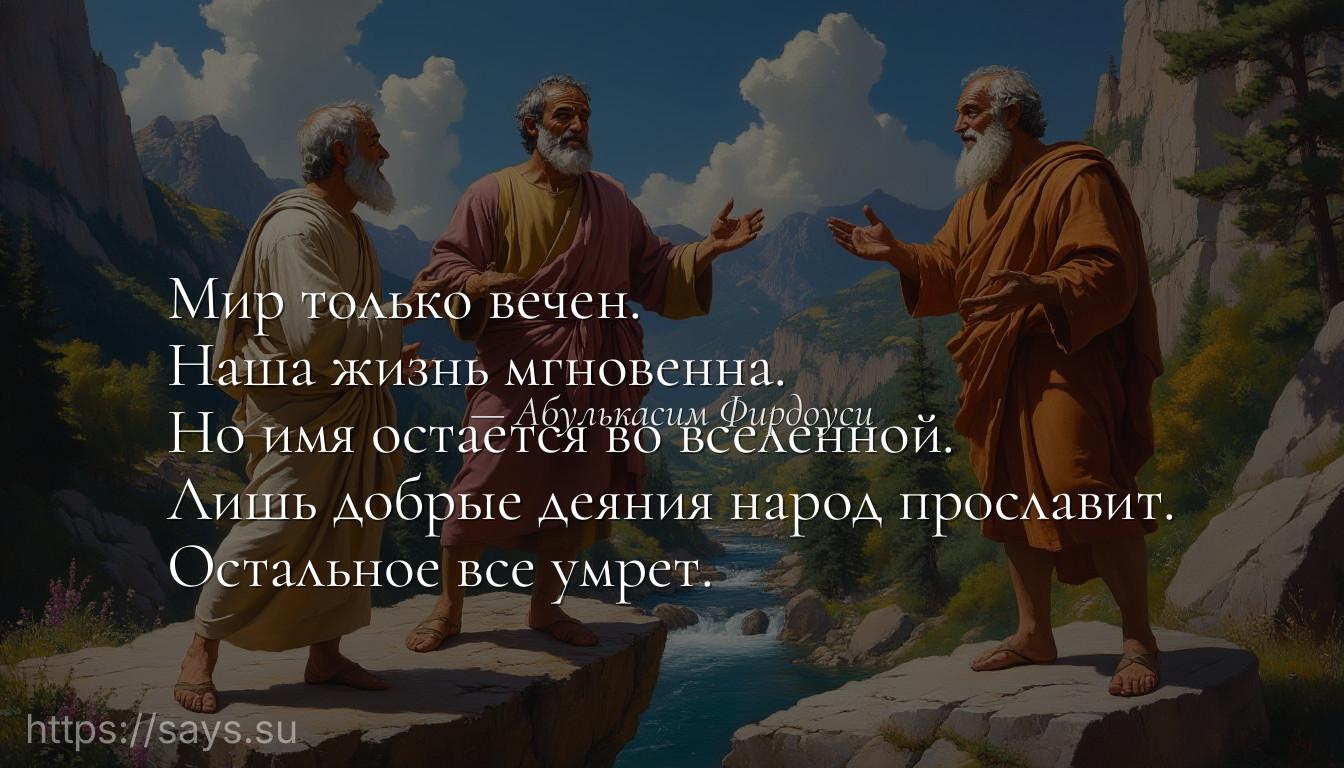 Мир только вечен.<br />Наша жизнь мгновенна.<br />Но имя остается во вселенной.<br />Лишь добрые деяния народ прославит.<br />Остальное все умрет.