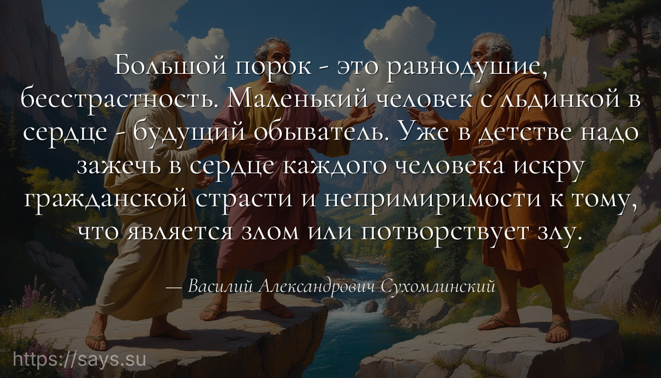 Большой порок - это равнодушие, бесстрастность. Маленький человек с льдинкой в сердце - будущий обыватель. Уже в детстве надо зажечь в сердце каждого человека искру гражданской страсти и непримиримости к тому, что является злом или потворствует злу.