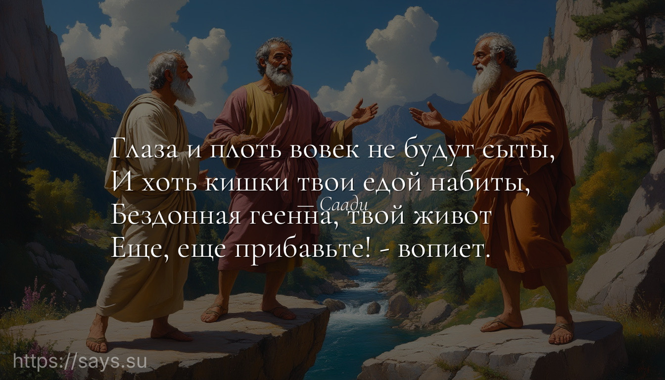 Глаза и плоть вовек не будут сыты,<br />И хоть кишки твои едой набиты,<br />Бездонная геенна, твой живот<br />Еще, еще прибавьте! - вопиет.