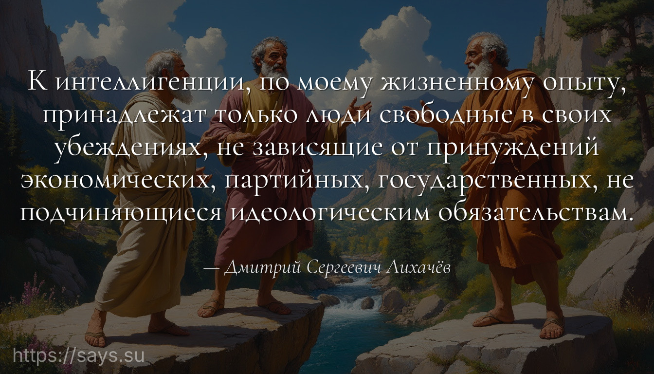 К интеллигенции, по моему жизненному опыту, принадлежат только люди свободные в своих убеждениях, не зависящие от принуждений экономических, партийных, государственных, не подчиняющиеся идеологическим обязательствам.