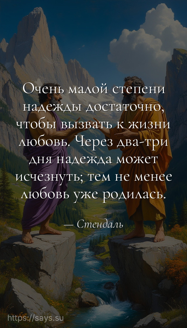 Очень малой степени надежды достаточно, чтобы вызвать к жизни любовь. Через два-три дня надежда может исчезнуть; тем не менее любовь уже родилась.
