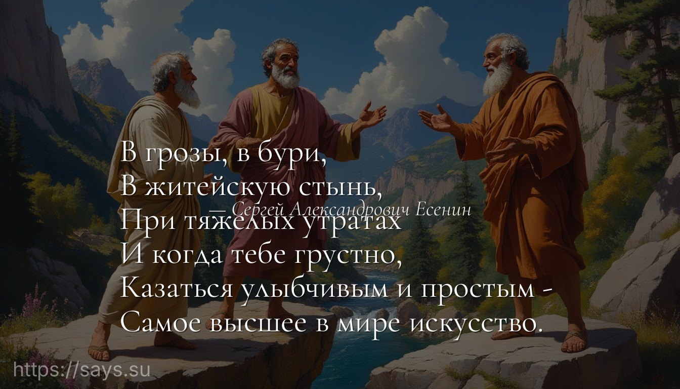 В грозы, в бури, <br />В житейскую стынь, <br />При тяжелых утратах <br />И когда тебе грустно, <br />Казаться улыбчивым и простым - <br />Самое высшее в мире искусство.