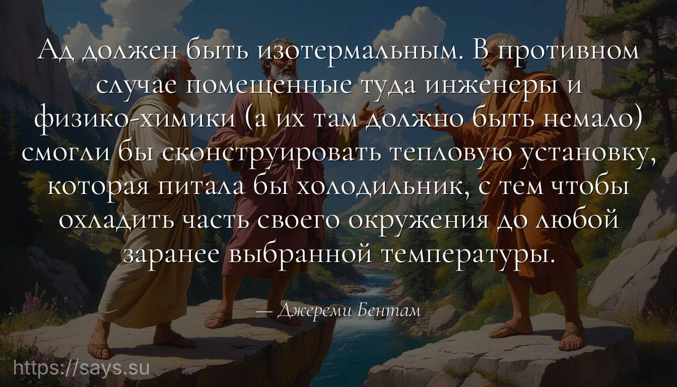 Ад должен быть изотермальным. В противном случае помещенные туда инженеры и физико-химики (а их там должно быть немало) смогли бы сконструировать тепловую установку, которая питала бы холодильник, с тем чтобы охладить часть своего окружения до любой заранее выбранной температуры.