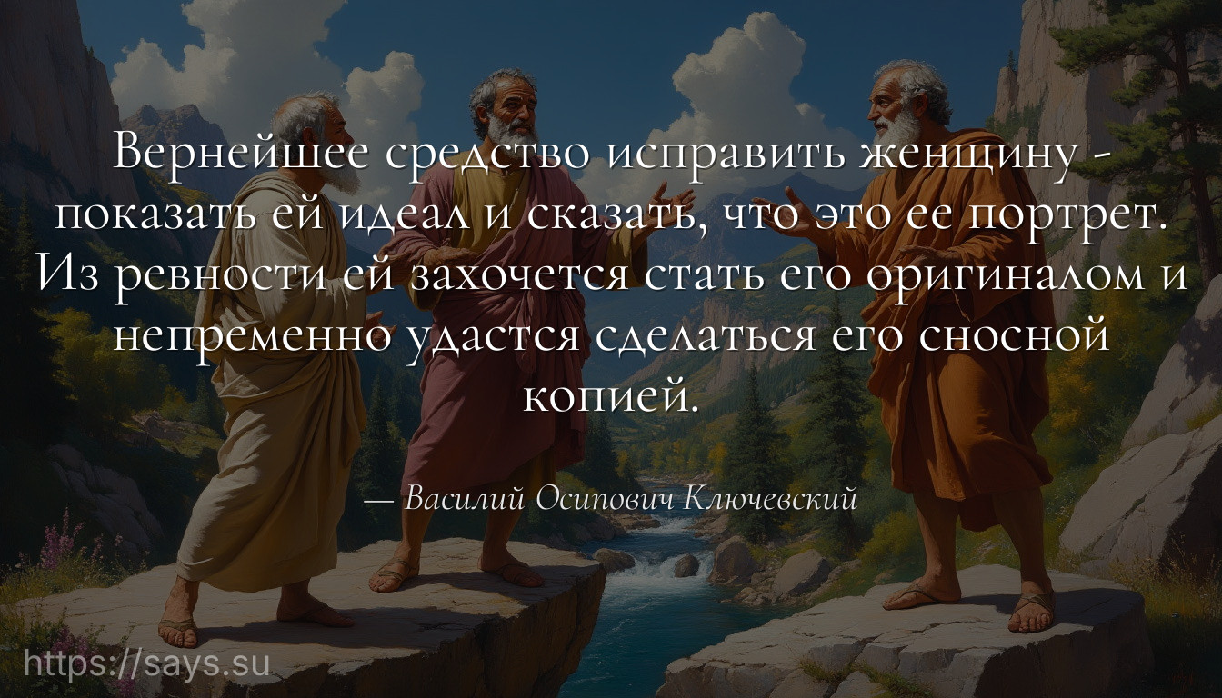 Вернейшее средство исправить женщину - показать ей идеал и сказать, что это ее портрет. Из ревности ей захочется стать его оригиналом и непременно удастся сделаться его сносной копией.